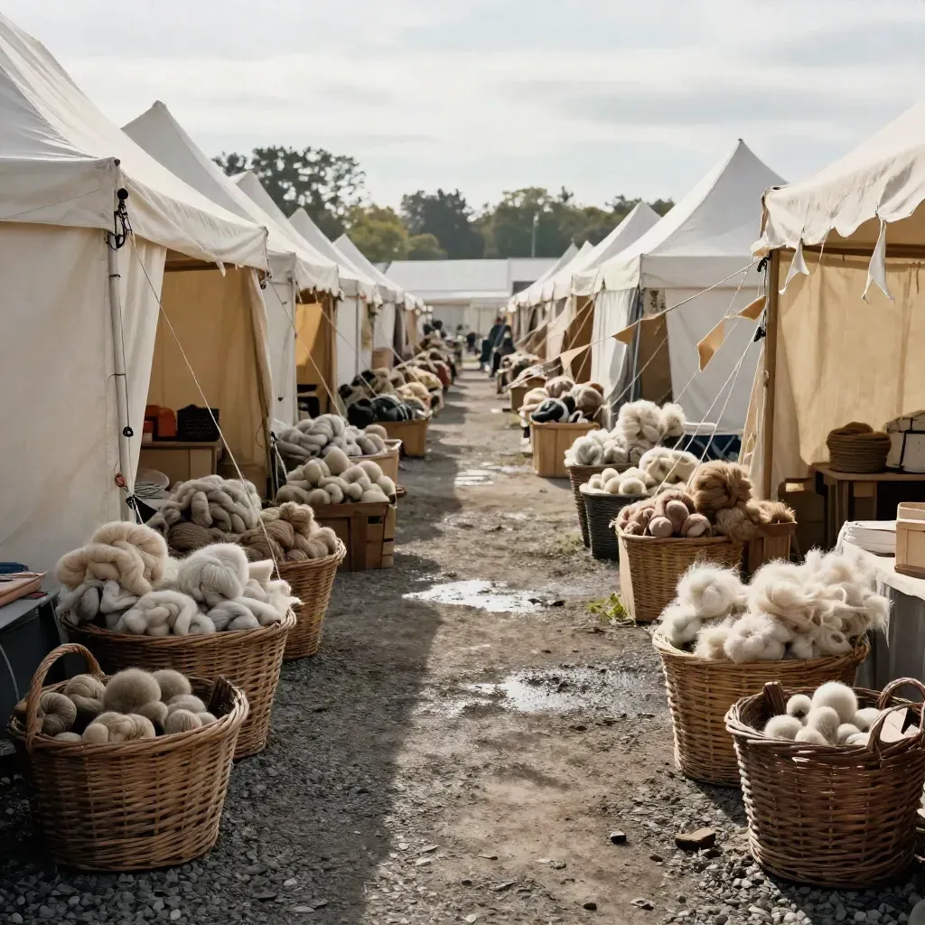 Cream canvas tents and wool baskets line a windy Maine fiber fair aisle over damp gravel.