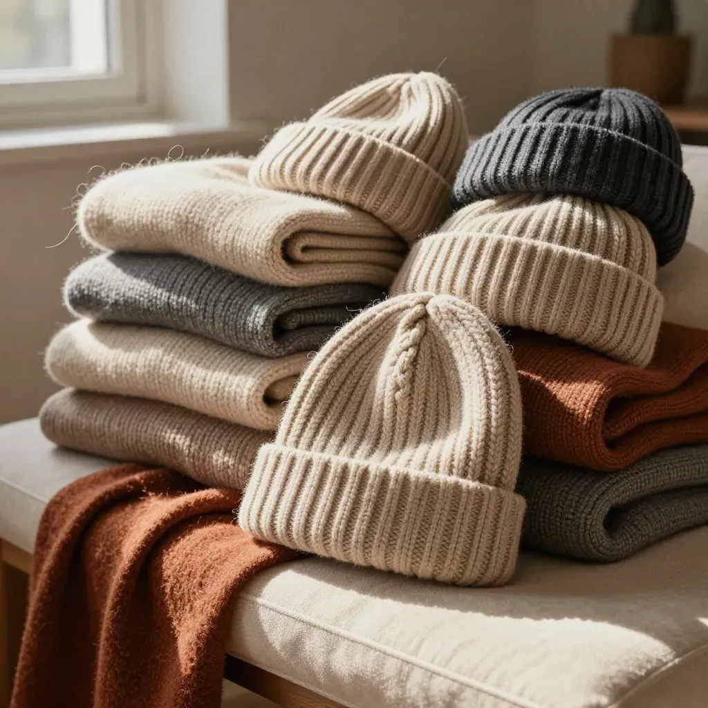 Stacked knit hats and folded sweaters on a cream bench, one beanie slipping forward in warm window light.