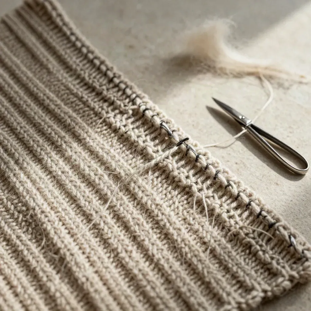 Macro of a knit repair with sage darning yarn and steel snips on pale stone.