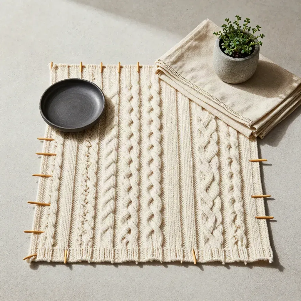 Overhead cable-knit swatch with bamboo needles, dish, linen, and herb on concrete.