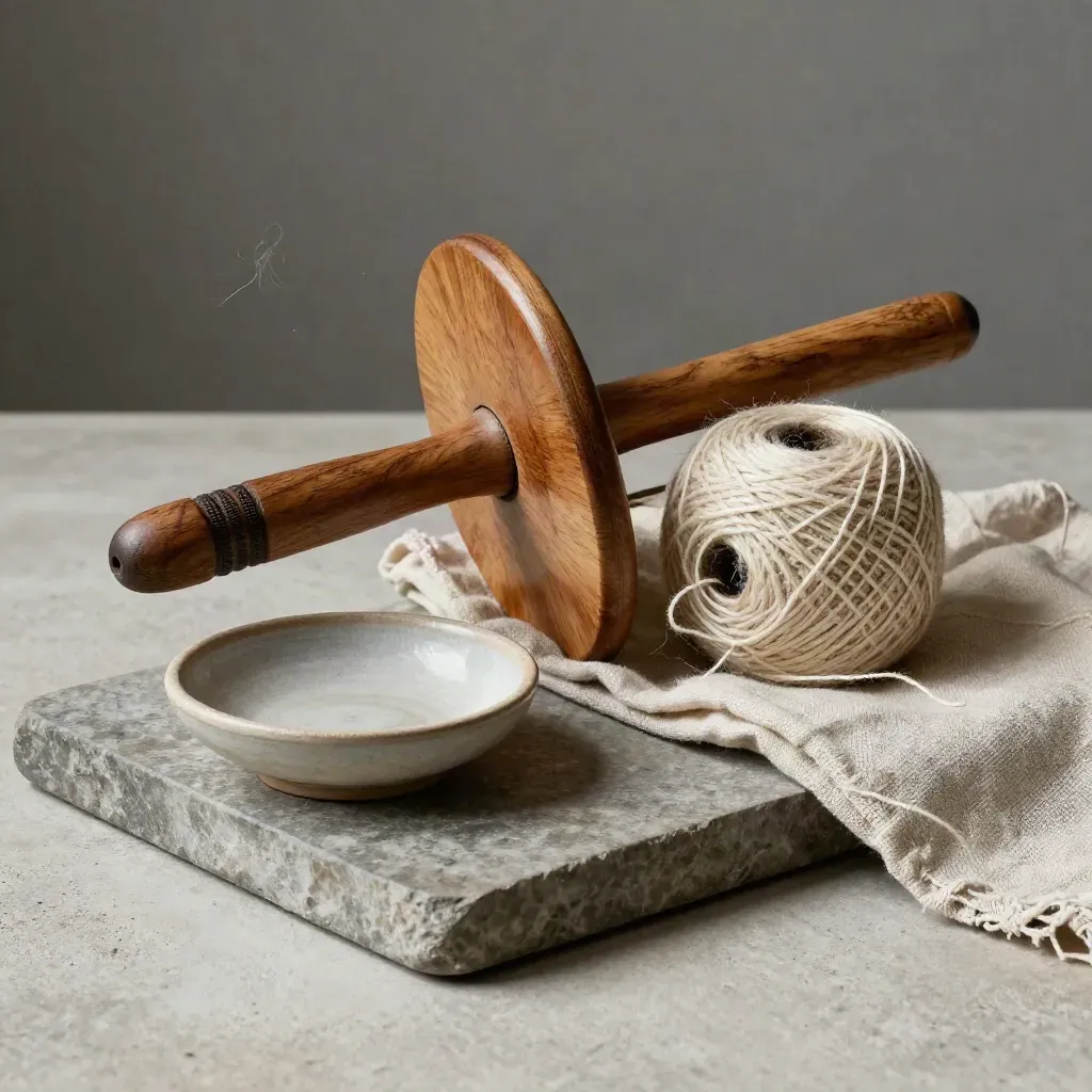 Wooden drop spindle with alpaca roving, stoneware dish and oat linen on a stone tray.