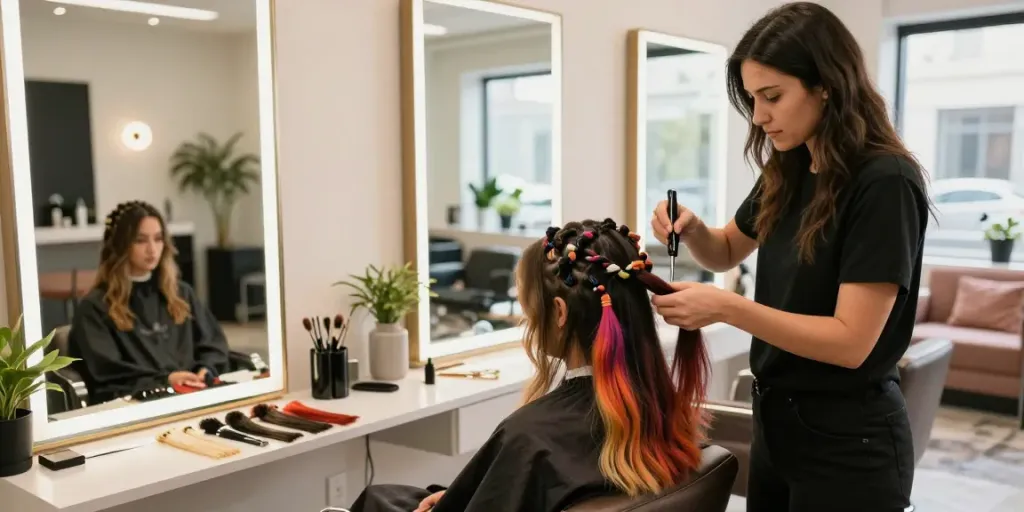 Salon quality sew in weft extensions application in a chic salon setting.